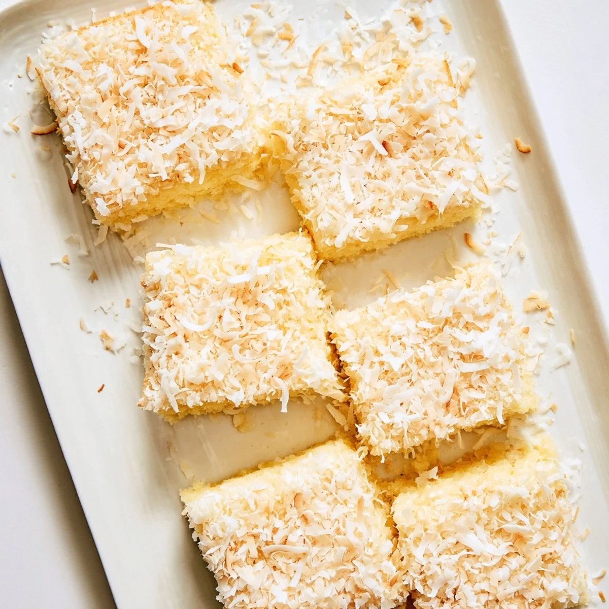 Chewy gluten-free coconut mochi cake squares dusted with toasted coconut flakes