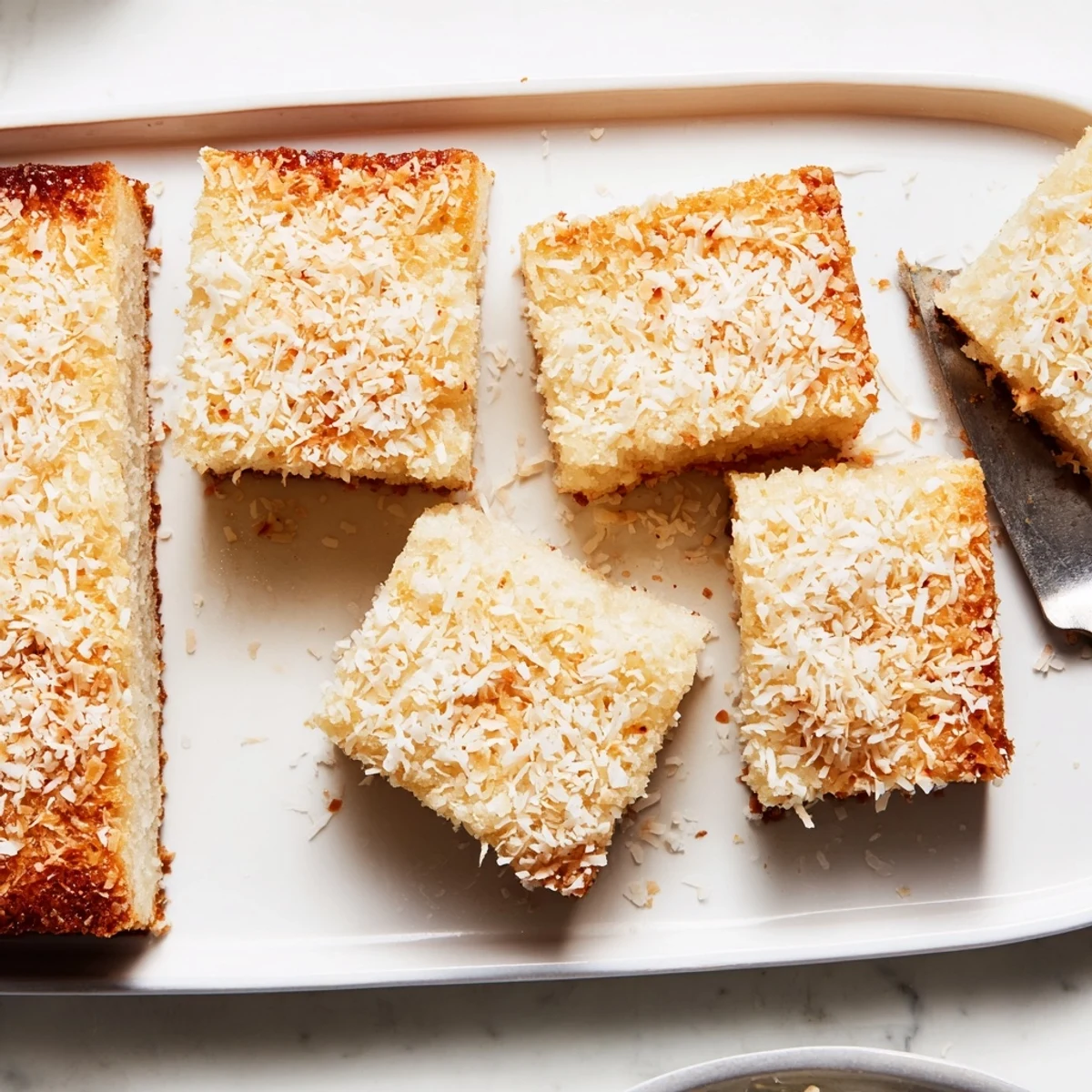 Golden coconut mochi cake with shredded coconut topping on a white serving plate
