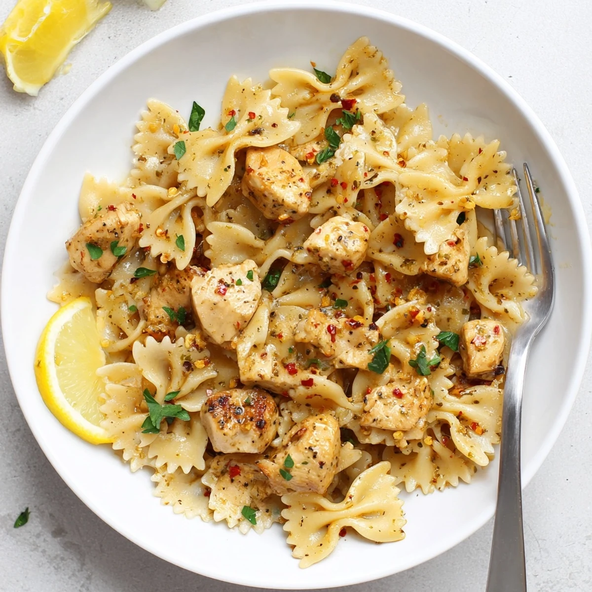 Golden low carb cowboy butter lemon bowtie chicken tossed with herbs in creamy lemon butter sauce