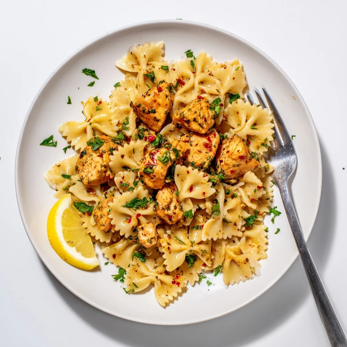 Steaming bowl of low carb cowboy butter lemon bowtie chicken garnished with fresh parsley and lemon wedges