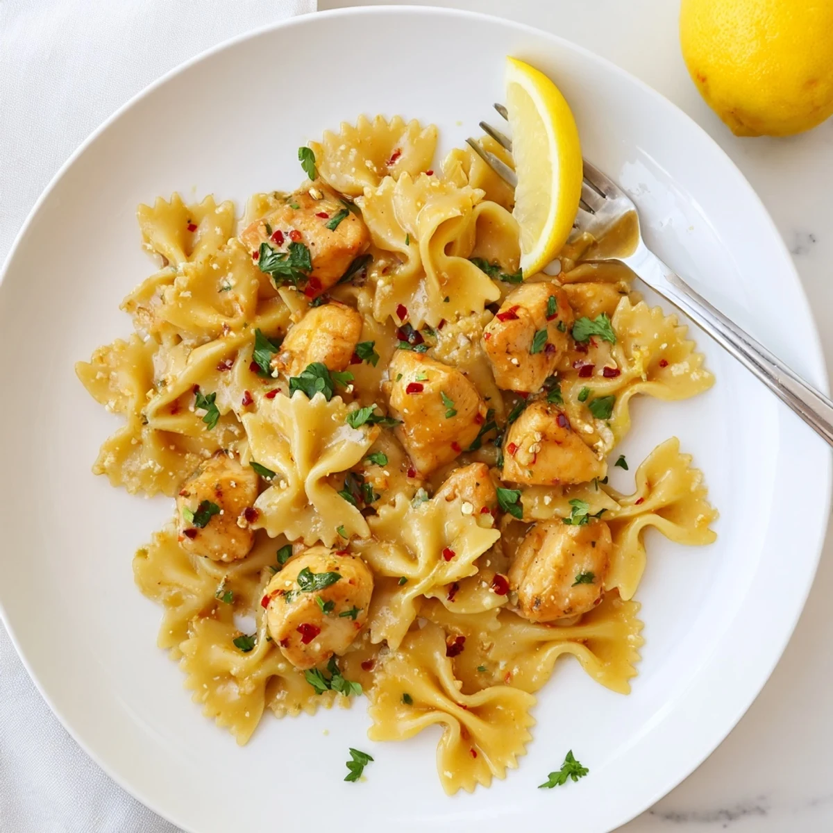 Tender chicken pieces and low-carb bowtie pasta coated in zesty lemon cowboy butter sauce with red pepper flakes