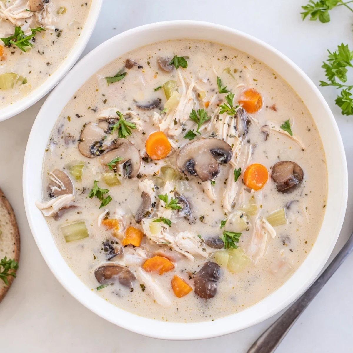 Steaming bowl of creamy rotisserie chicken mushroom soup garnished with fresh parsley and served with crusty bread on the side