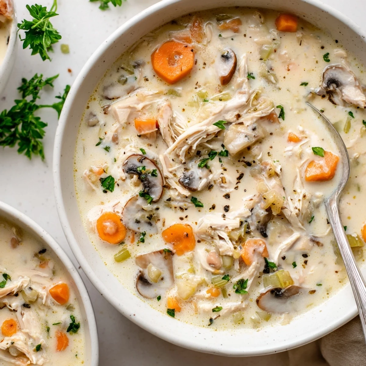 Creamy rotisserie chicken mushroom soup ladled into bowls with tender shreds and sliced mushrooms in a rich white broth