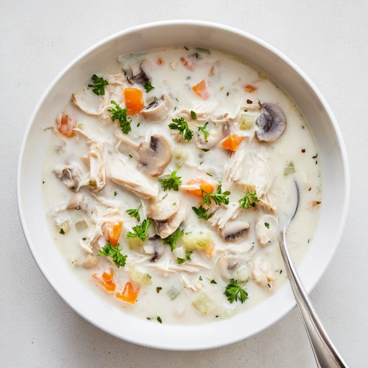 Velvety white bowl of creamy rotisserie chicken mushroom soup featuring earthy mushroom slices and succulent chicken pieces swimming in luxurious cream
