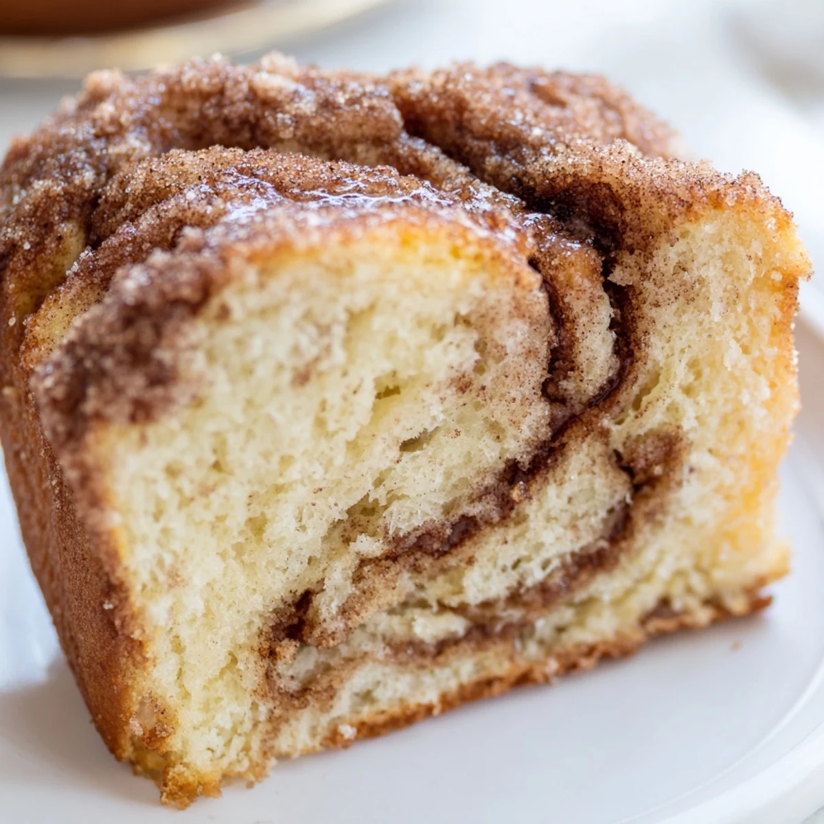Golden cinnamon sugar donut bread loaf with a craggy sugary crust on a white plate