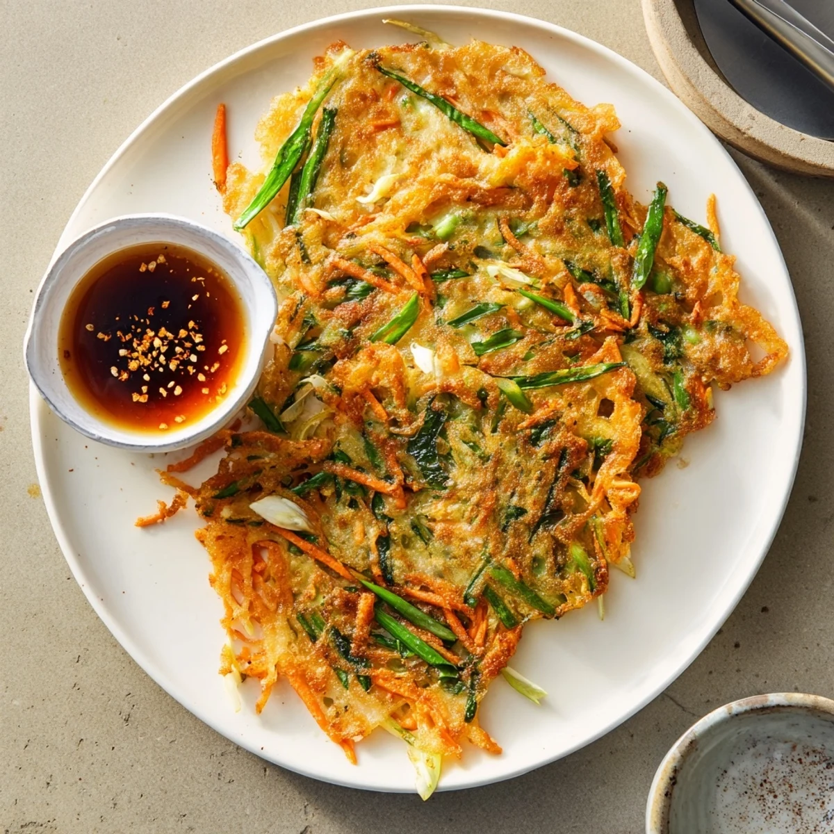Hot homemade Korean pancakes featuring caramelized edges and tender green onion pieces
