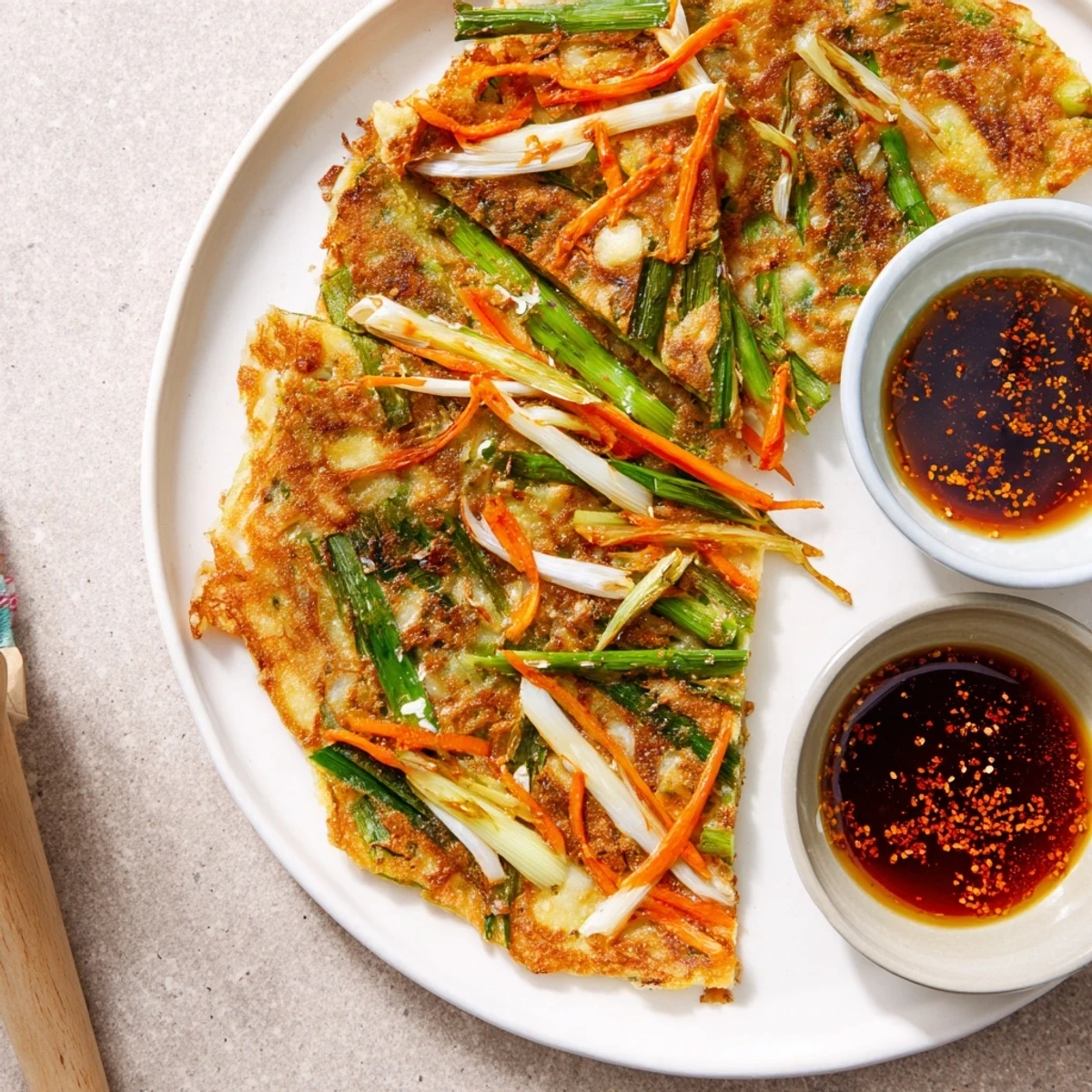 Savory Korean pancakes served on a white plate with tangy soy dipping sauce