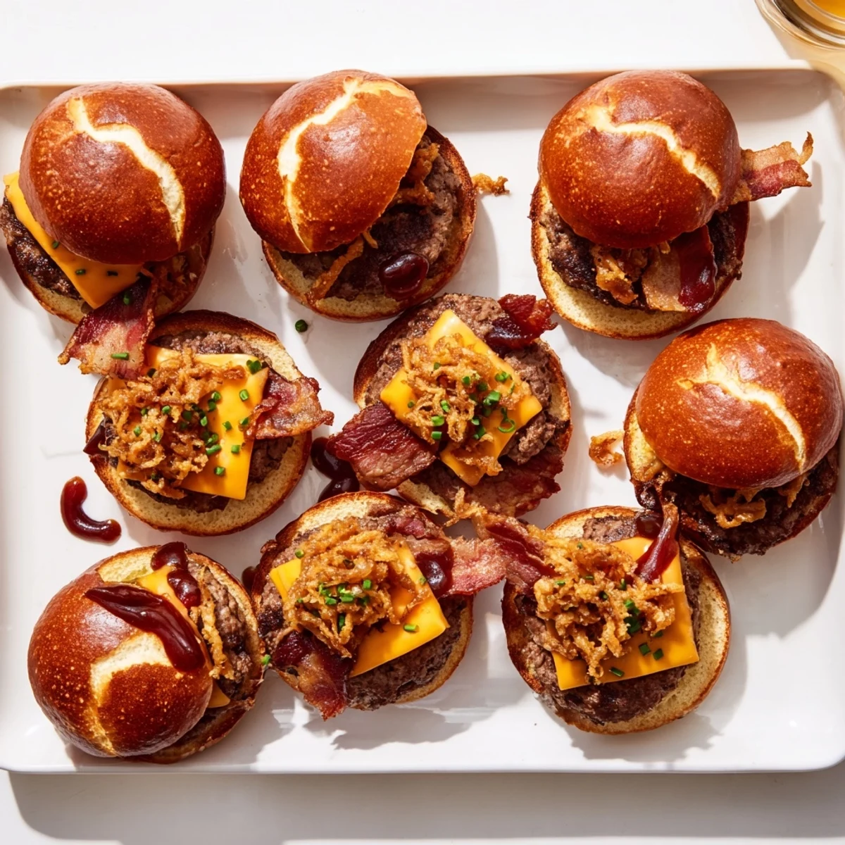 Pretzel Cowboy Sliders featuring juicy beef patties with melted cheddar on toasted pretzel buns