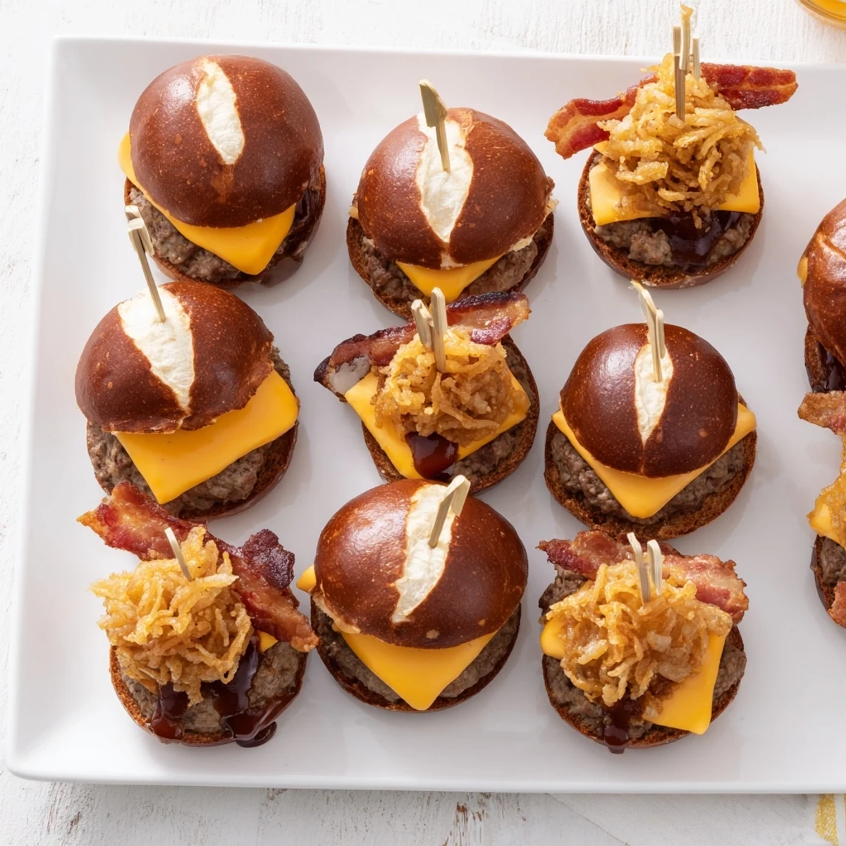Golden Pretzel Cowboy Sliders stacked with crispy bacon, fried onions, and tangy barbecue sauce