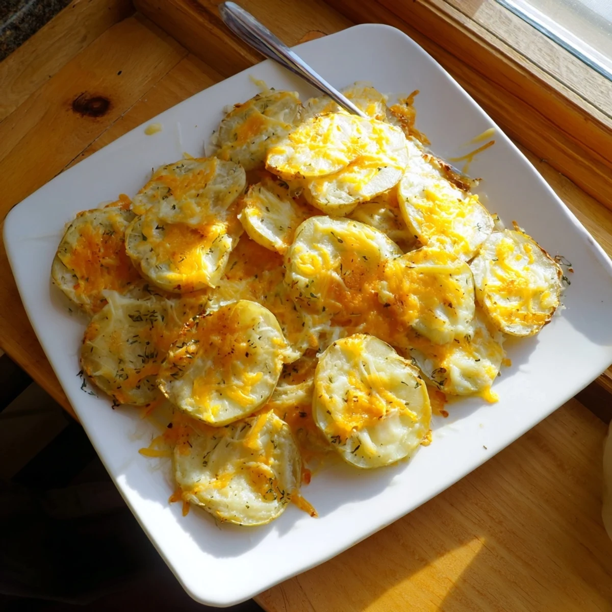 Creamy cheesy scalloped potatoes arranged in overlapping layers, topped with melted cheddar and baked to perfection