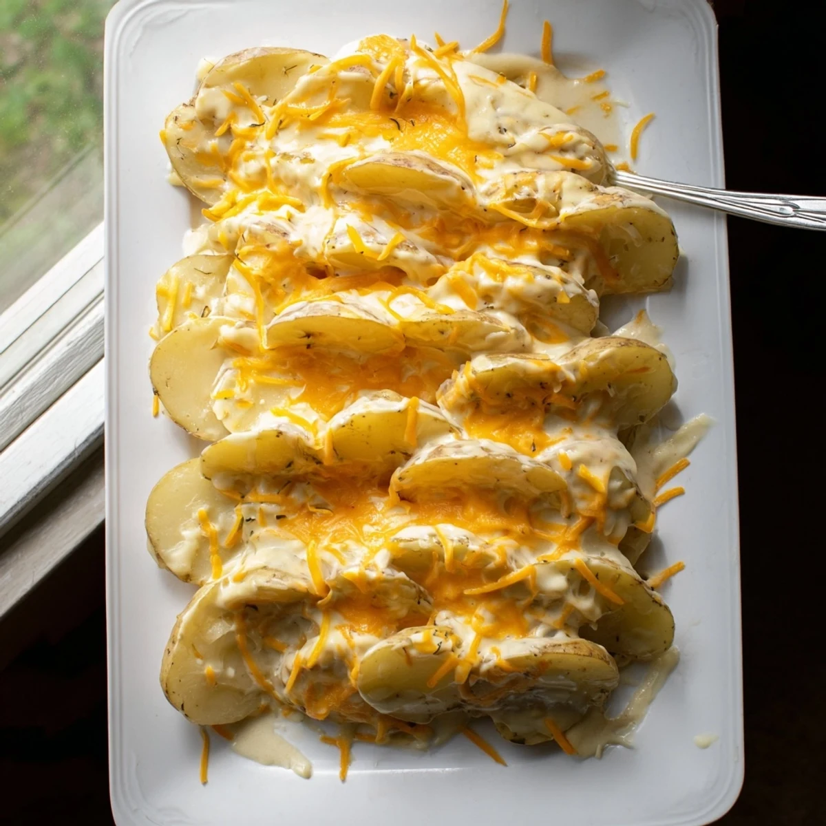 Golden brown cheesy scalloped potatoes bubbling in a baking dish with layers of tender potato slices
