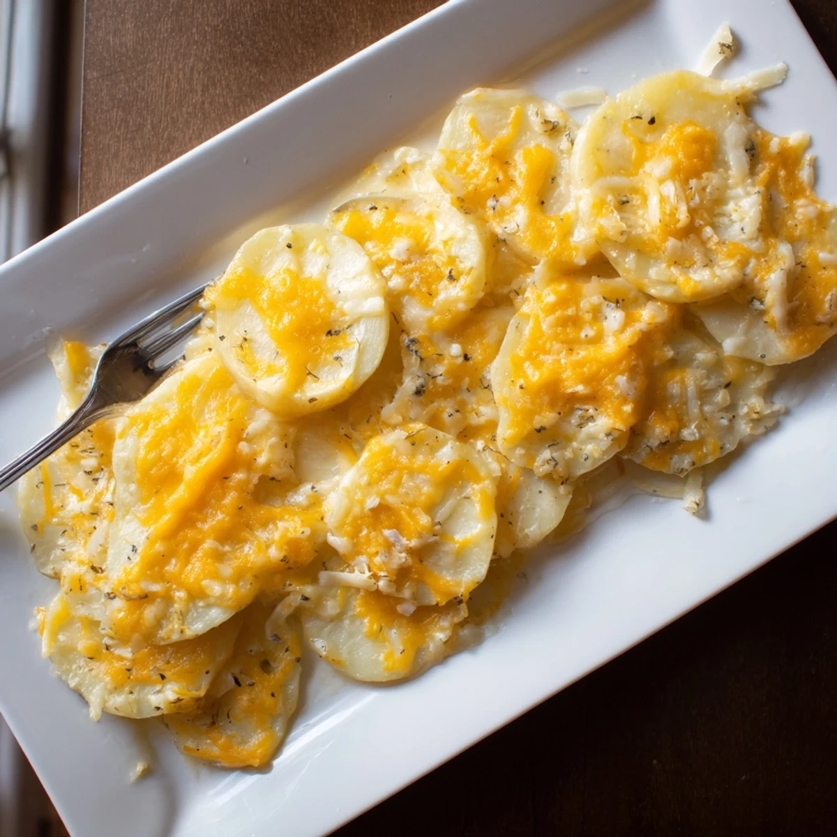Baked cheesy scalloped potatoes in a white ceramic dish, featuring golden edges and a rich, velvety cheese sauce