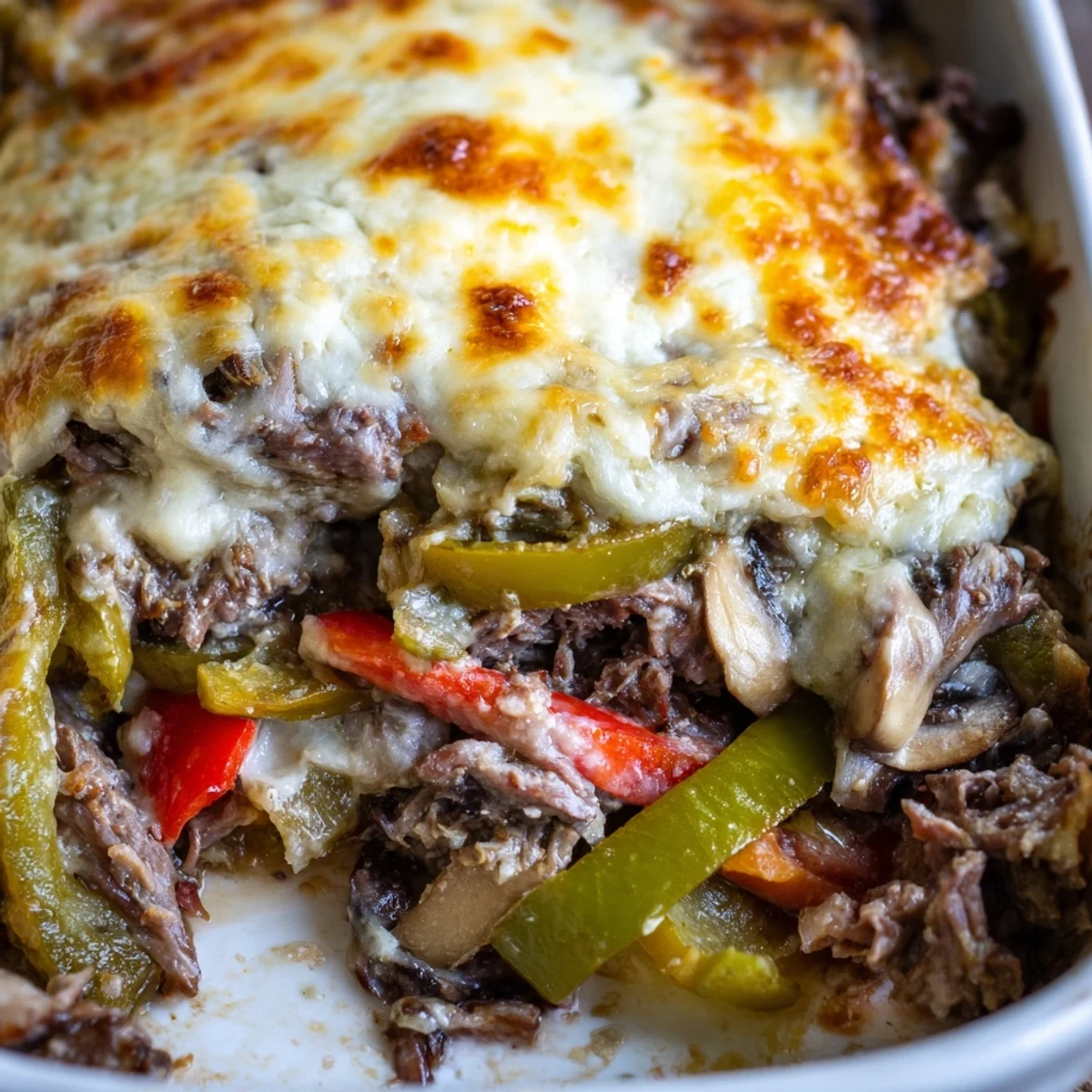 Golden bubbly low carb Philly cheesesteak casserole with melted provolone and mozzarella topping
