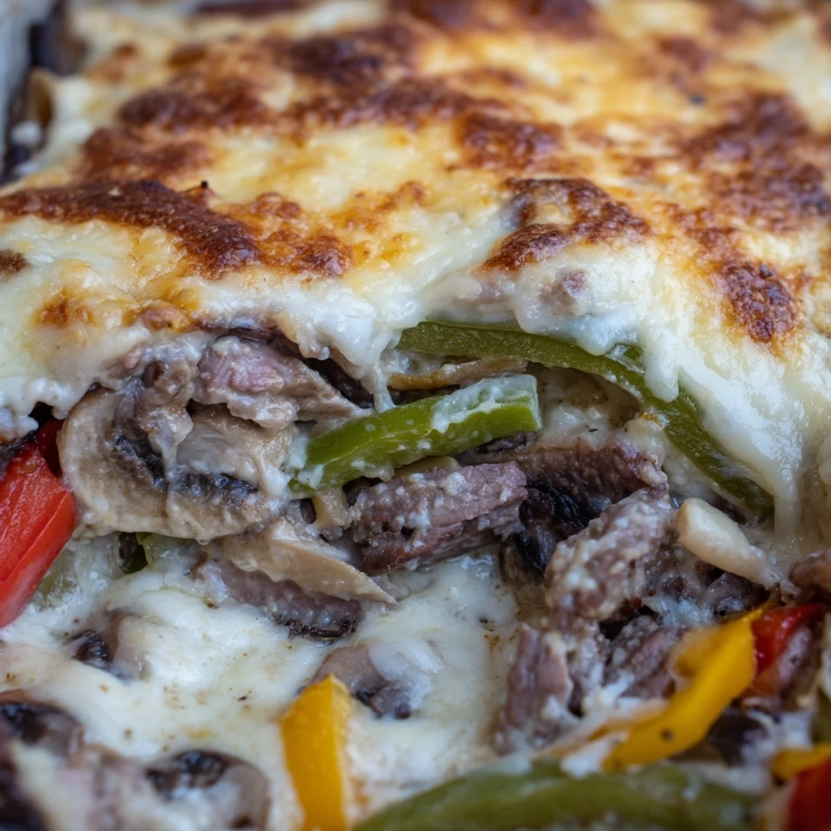 Savory beef and vegetable low carb Philly cheesesteak casserole fresh from the oven