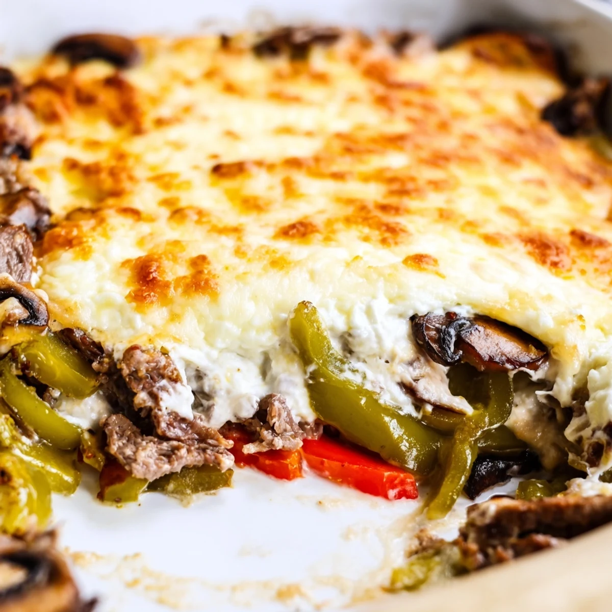 Creamy low carb Philly cheesesteak casserole loaded with peppers onions and seasoned beef