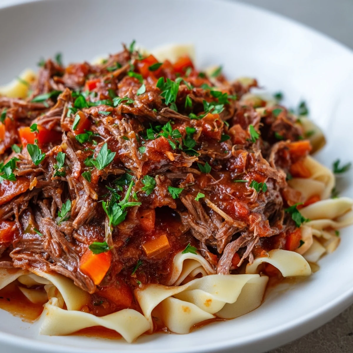 Tender slow cooker beef ragu with shredded meat in rich tomato sauce served over wide pasta