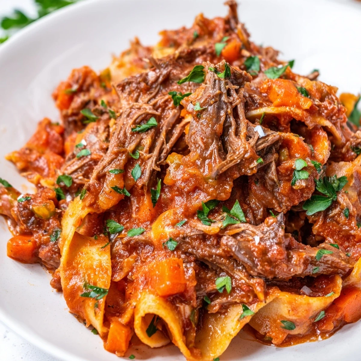 Hearty slow cooker beef ragu featuring fork-tender beef chunks simmered in red wine and crushed tomatoes