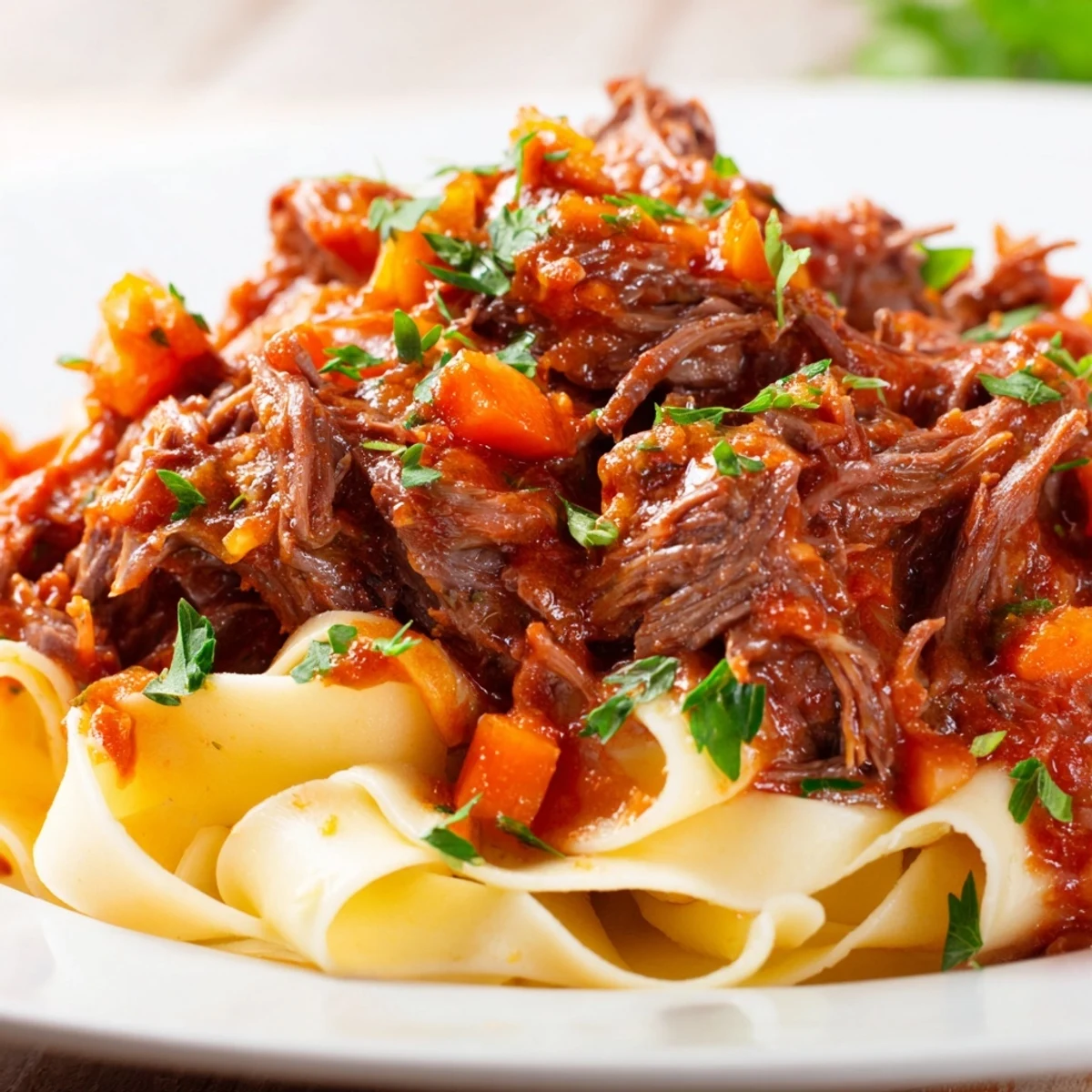 Italian-style slow cooker beef ragu with shredded beef and vegetables served atop creamy polenta with parsley