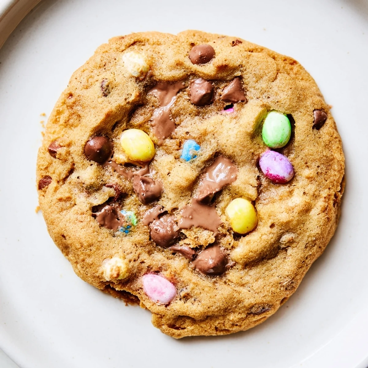 Golden mini egg cookies with colorful chocolate candies baked on a parchment-lined sheet