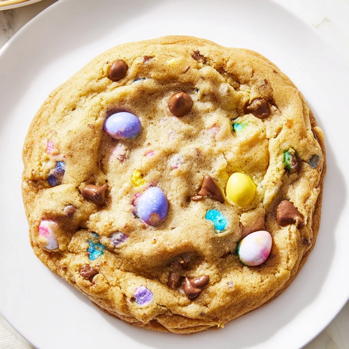Chewy buttery mini egg cookies topped with pastel chocolate pieces on a white plate