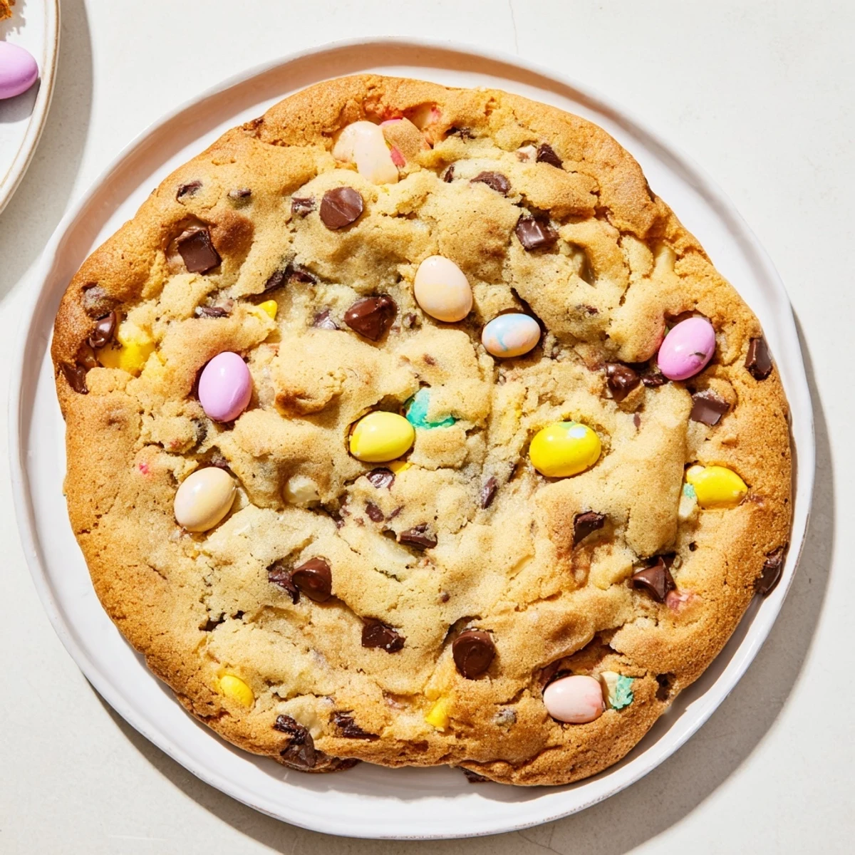 Freshly baked mini egg cookies showing chopped colorful candies throughout the golden brown dough