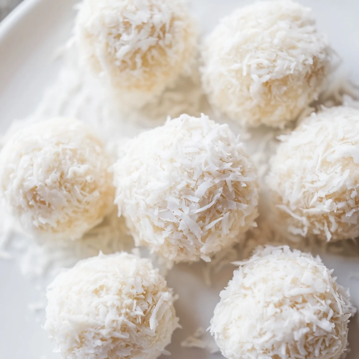White no bake Easter bunny coconut tails dusted with powdered sugar on a pastel serving plate