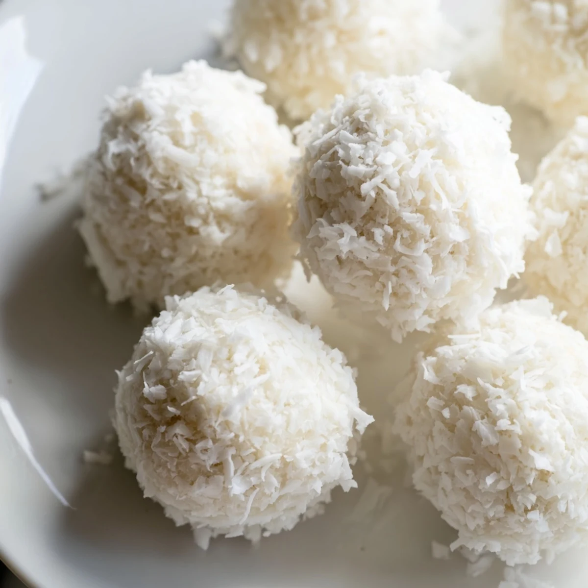 Soft coconut balls rolled in shredded coating and arranged on parchment paper for Easter desserts