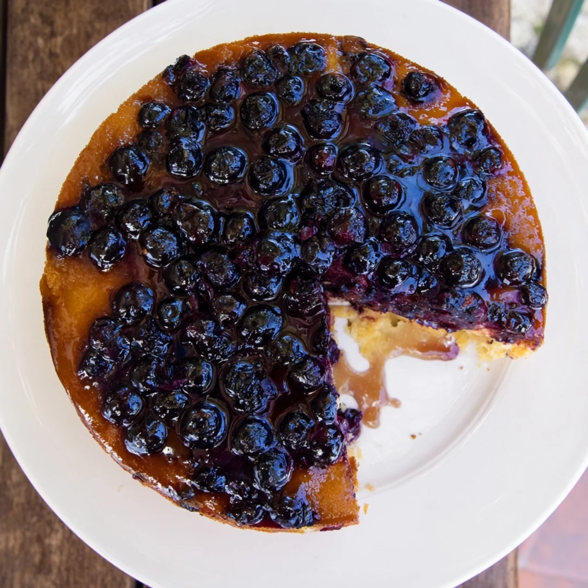 Golden blueberry upside down cake with glistening caramelized fruit topping on a buttery yellow cake