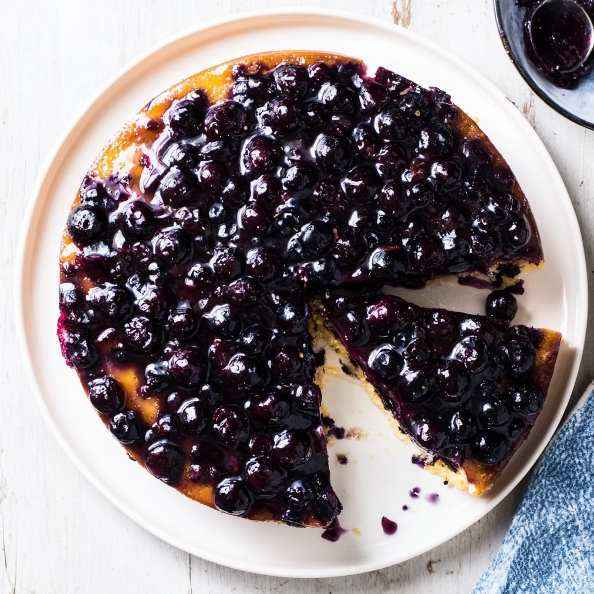 Moist blueberry upside down cake slice showing purple berries embedded in tender vanilla crumb