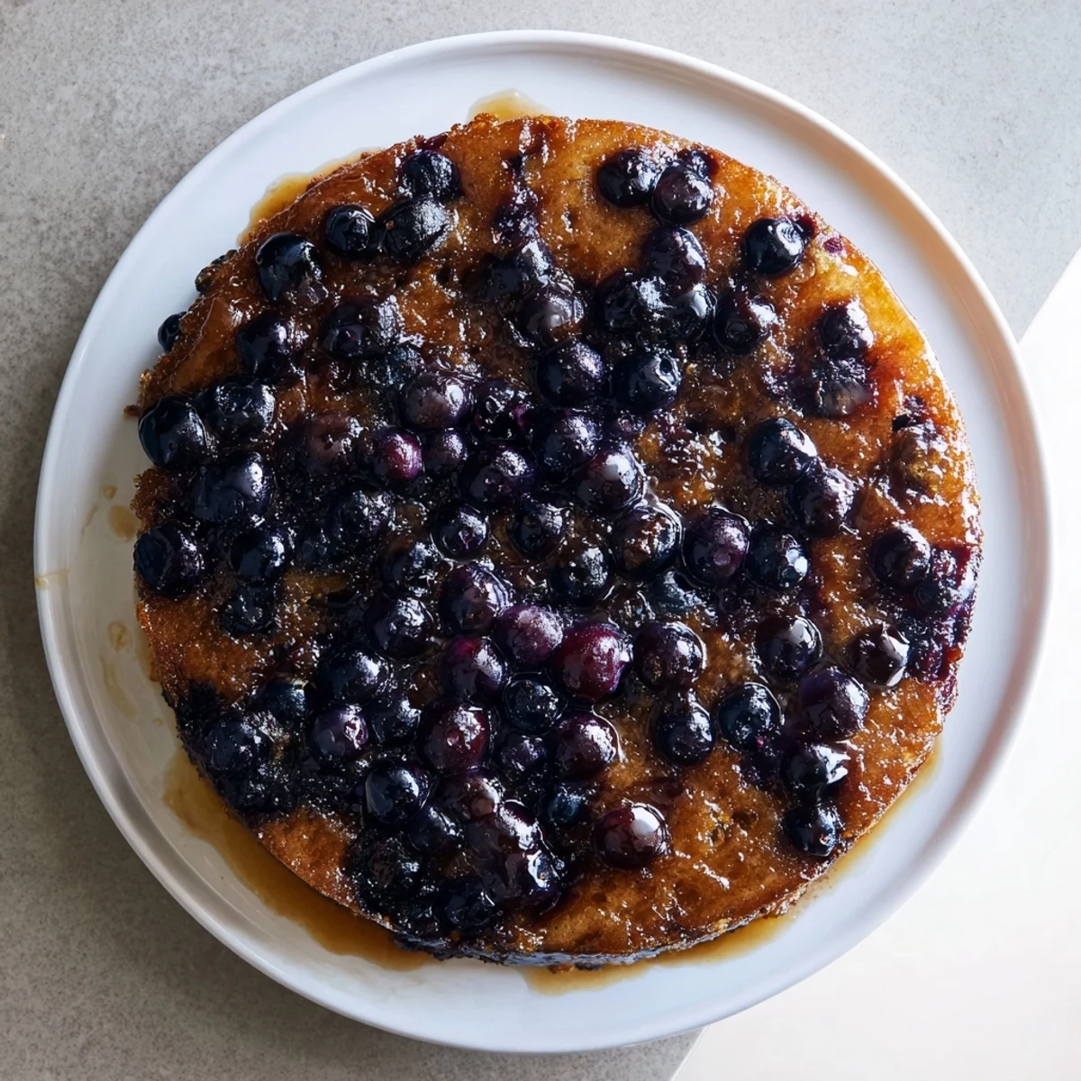 Fresh blueberry upside down cake served warm with a layer of juicy candied berries