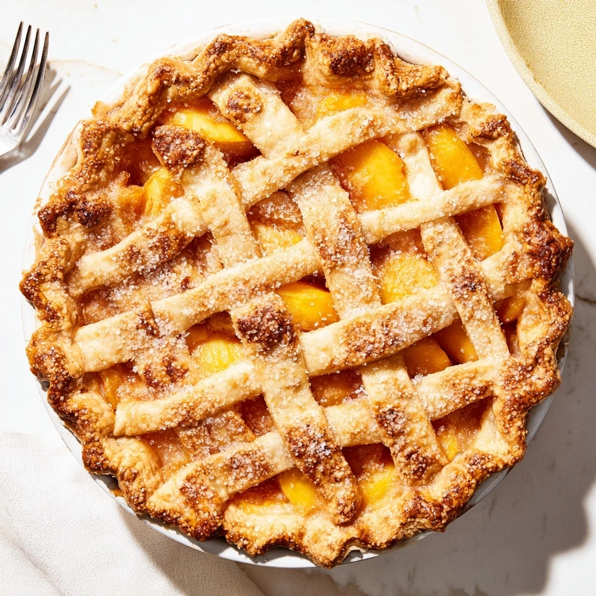 Homemade Southern Peach Pie featuring spiced peach slices in buttery pastry topped with coarse sugar