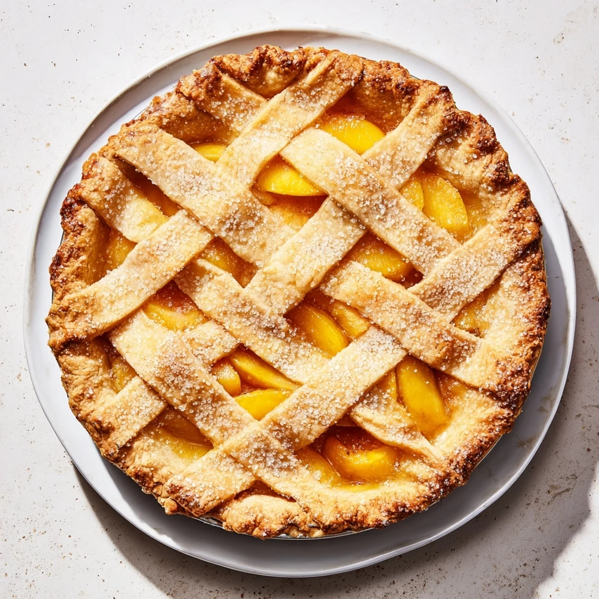 Golden Southern Peach Pie with bubbling fruit filling under a flaky lattice crust