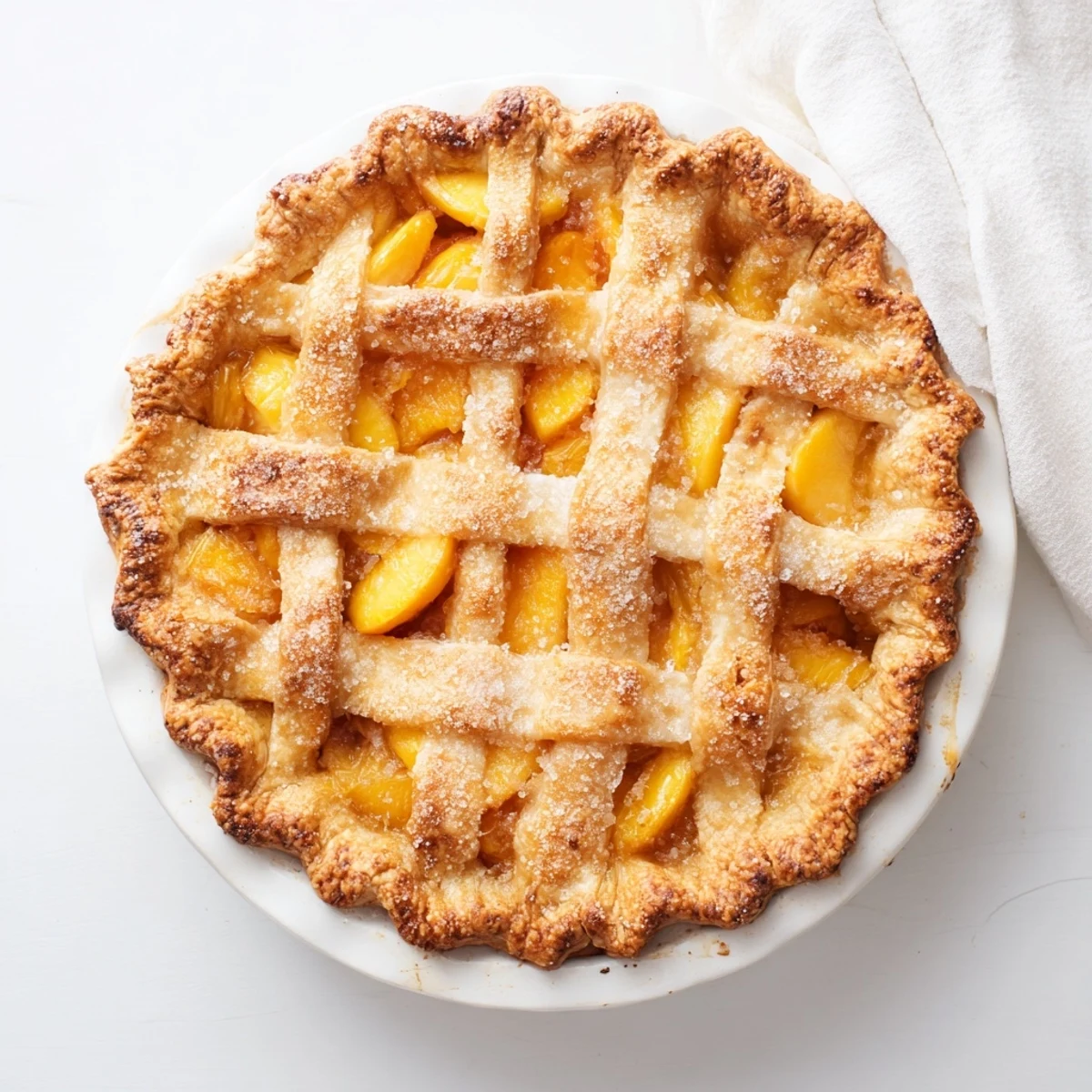 Fresh baked Southern Peach Pie cooling on wire rack with steam rising through golden crust