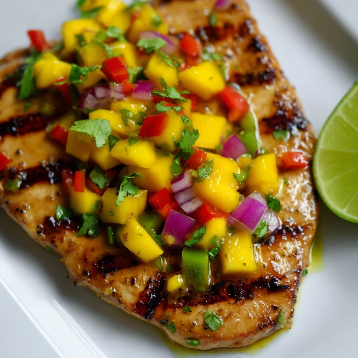 Juicy honey lime chicken garnished with vibrant tropical mango salsa and lime wedges