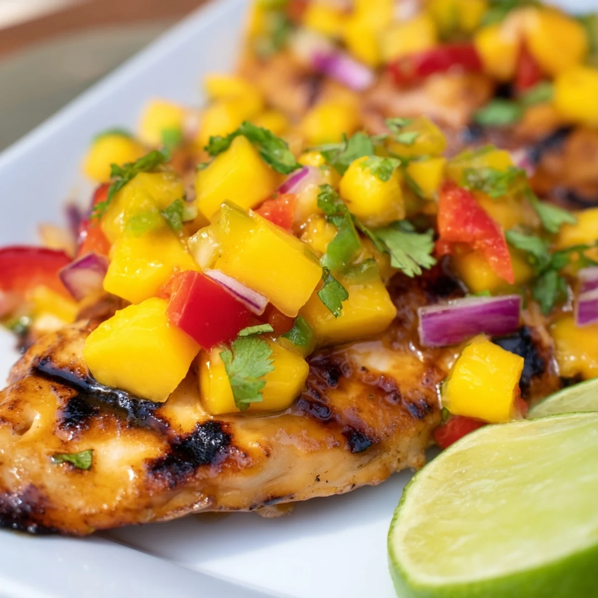 Golden grilled honey lime chicken breasts topped with colorful fresh mango salsa and cilantro