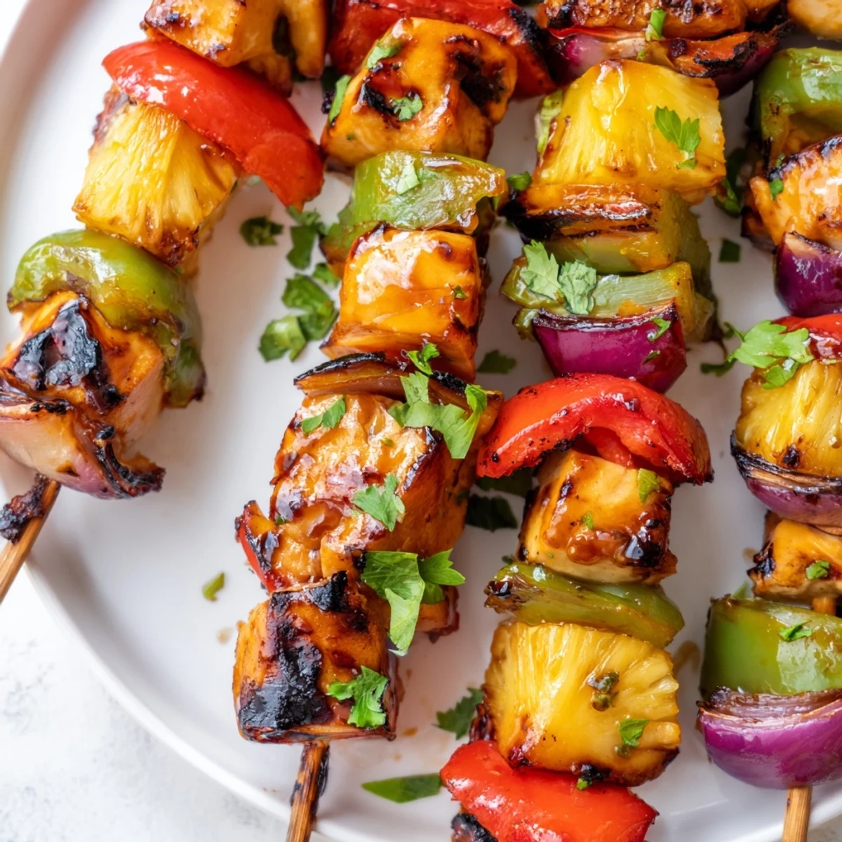 Tender marinated chicken and sweet pineapple chunks threaded on skewers with vibrant vegetables
