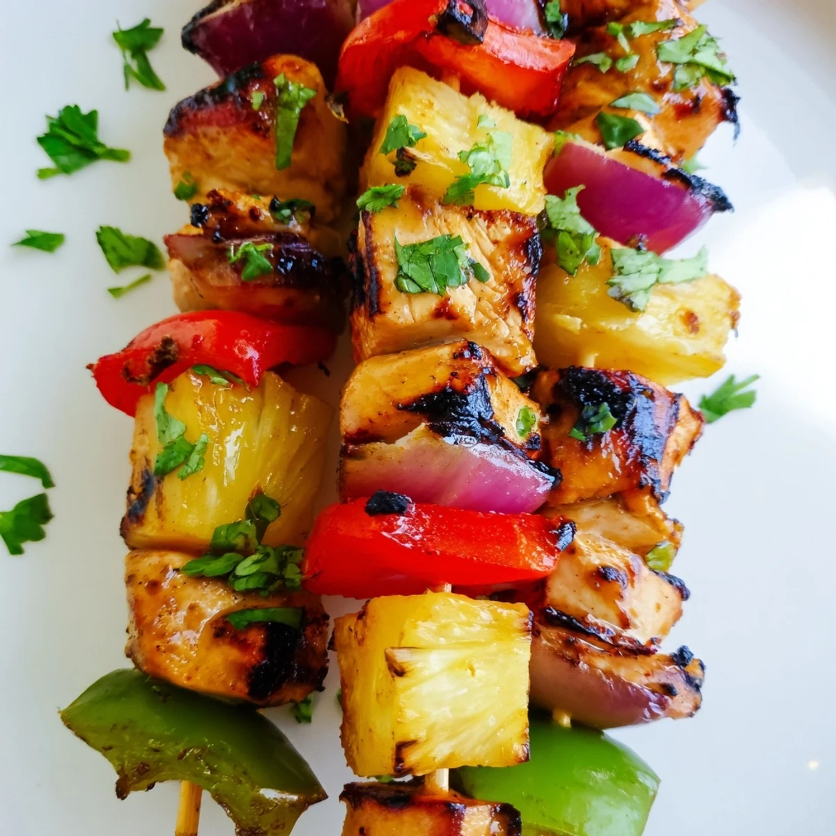 Savory grilled chicken skewers featuring juicy pineapple, crisp peppers, and caramelized char marks