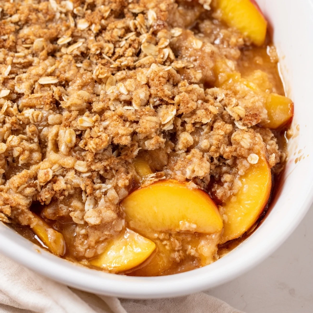 Warm baked cinnamon spiced peach crumble topped with buttery oat crumble and juicy fruit filling