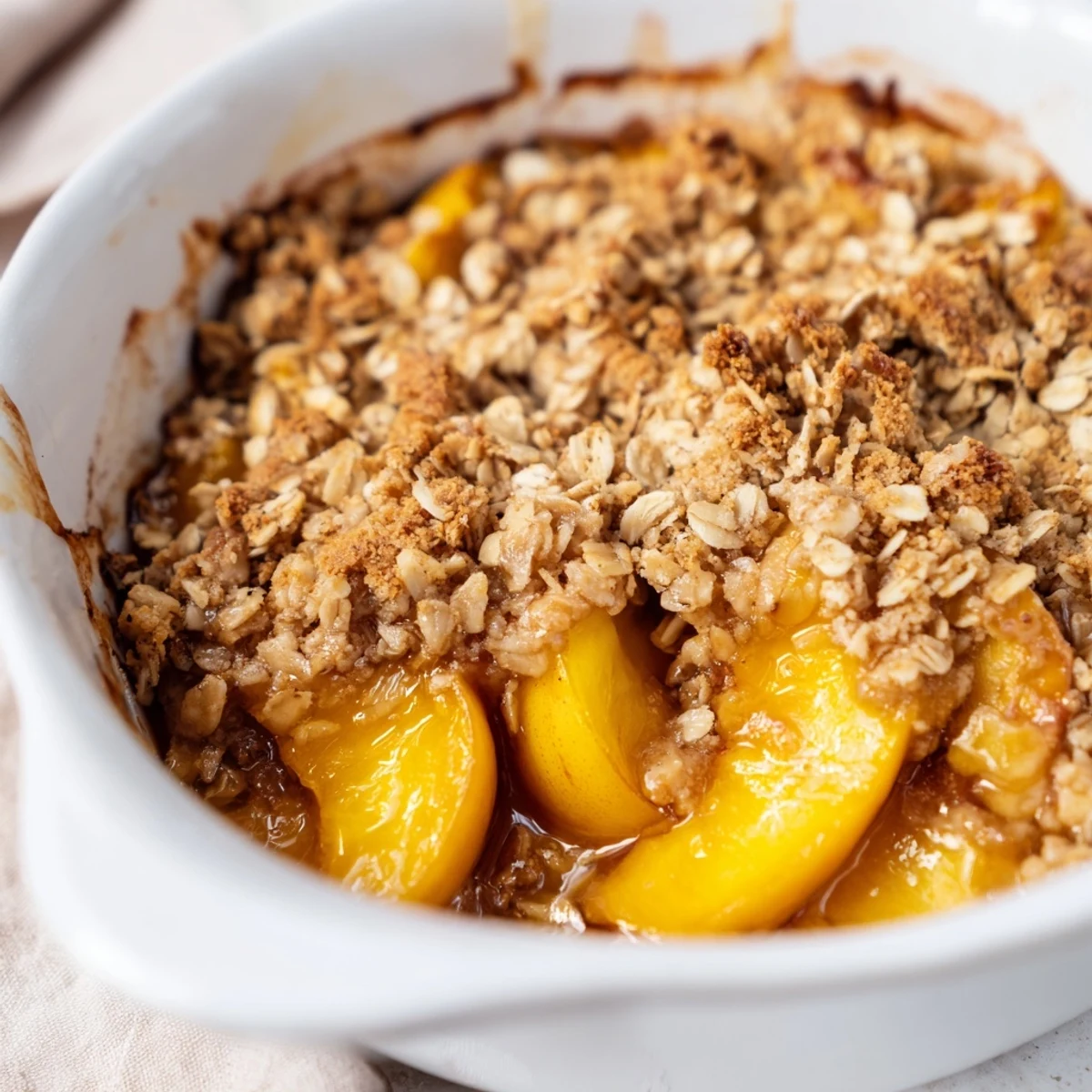 Homemade peach crumble with golden cinnamon oat topping served warm in a white baking dish