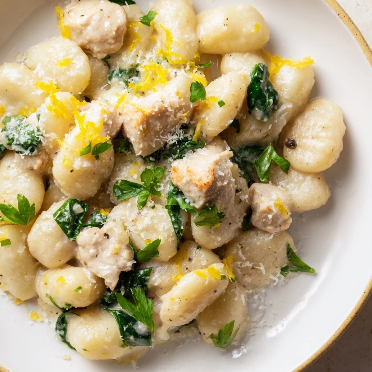 Golden chicken and pillowy gnocchi simmer in a creamy lemon garlic skillet sauce