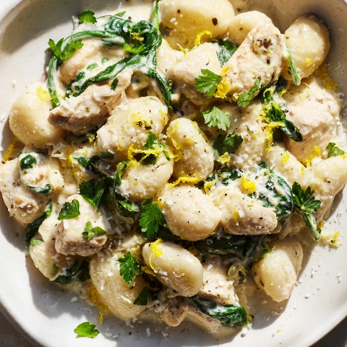 Vibrant one pan lemon chicken gnocchi topped with fresh parsley and grated parmesan