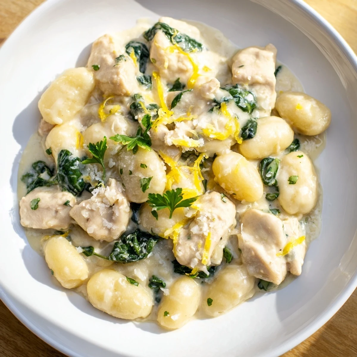 Tender chicken bites and soft potato gnocchi tossed in bright white lemon cream sauce