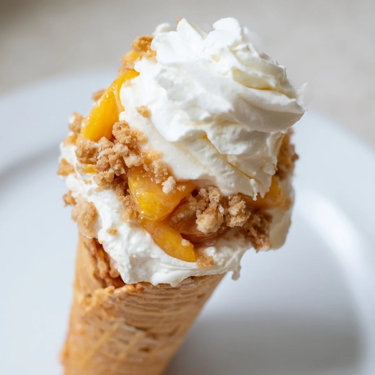 Golden waffle cones overflowing with creamy cheesecake filling topped with cinnamon-spiced peach cobbler