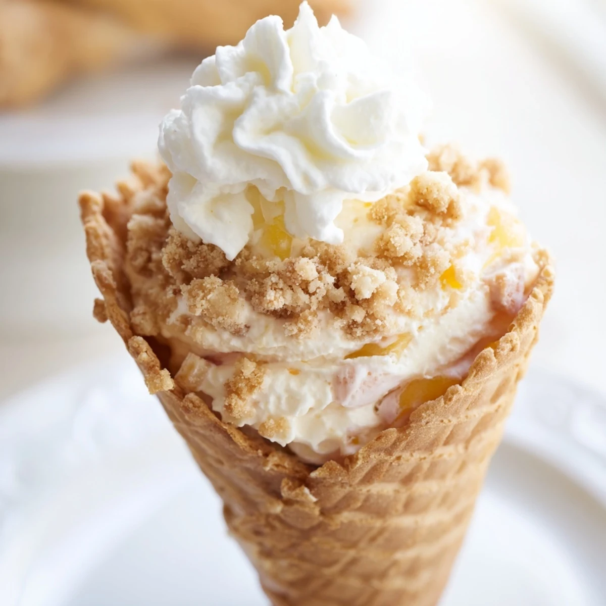 Handheld peach cobbler cheesecake cones featuring fresh peach compote layered inside crunchy waffle cones