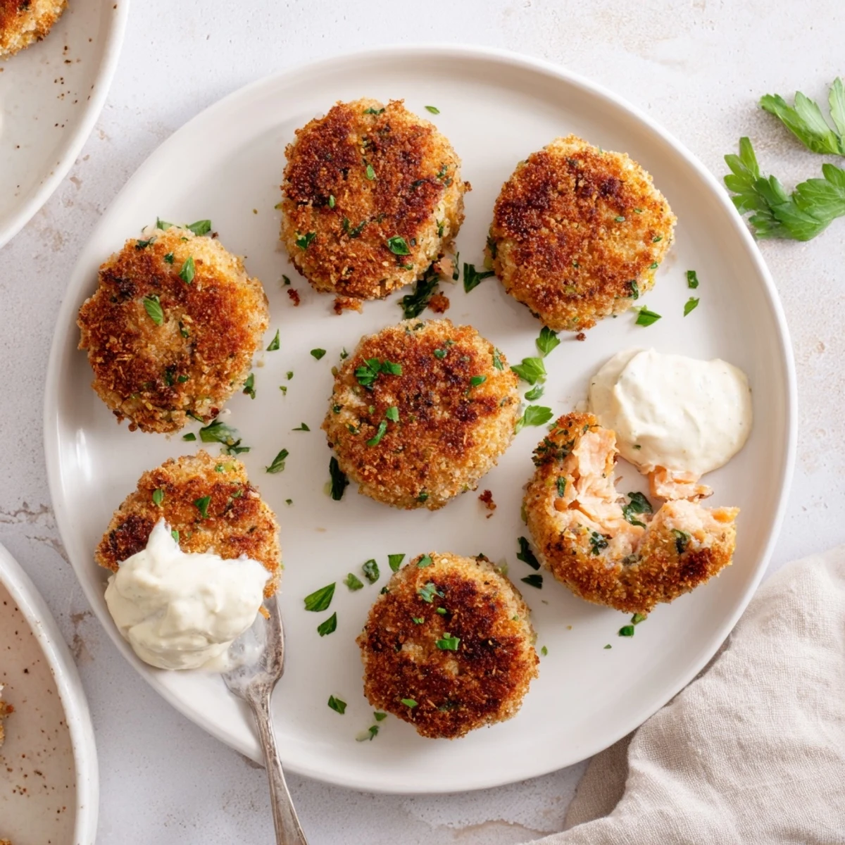 Golden brown Southern salmon croquettes fried to crispy perfection on a white plate