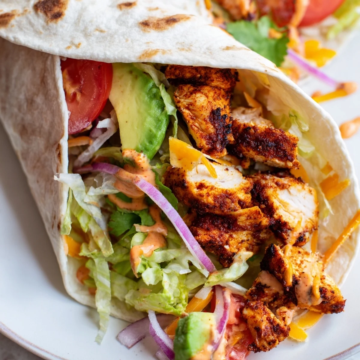 Golden spicy chicken avocado wraps filled with crisp vegetables and zesty creamy sauce