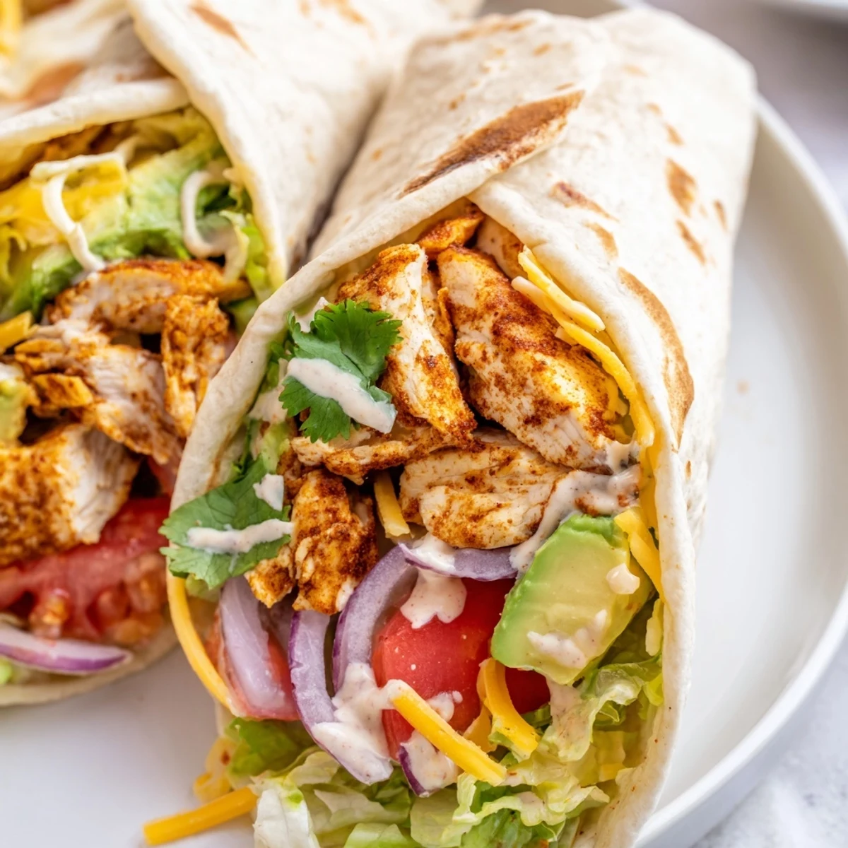 Spicy chicken avocado wraps rolled in soft flour tortillas with melted cheddar cheese