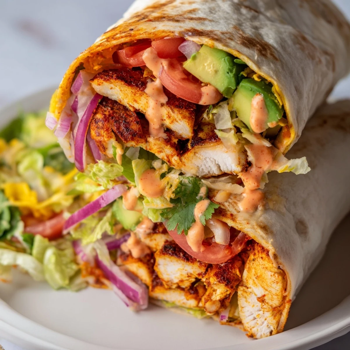 Sliced spicy chicken avocado wraps cross-section showing colorful layers of fresh ingredients inside