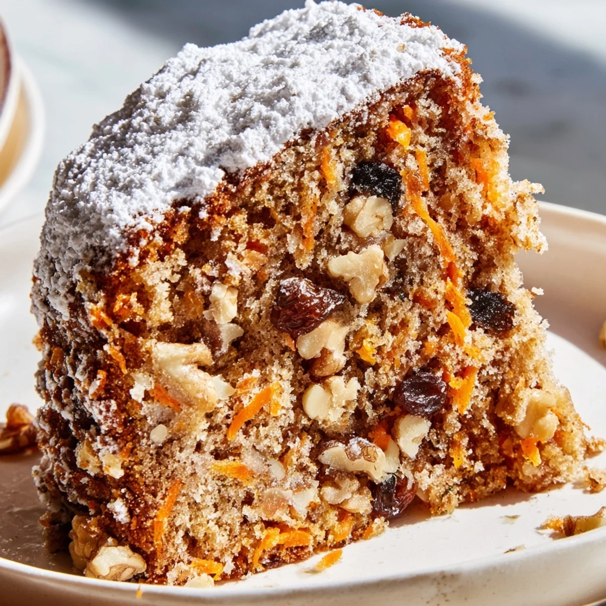Golden slice of Greek yogurt carrot cake one bowl with tender crumb and grated carrot flecks