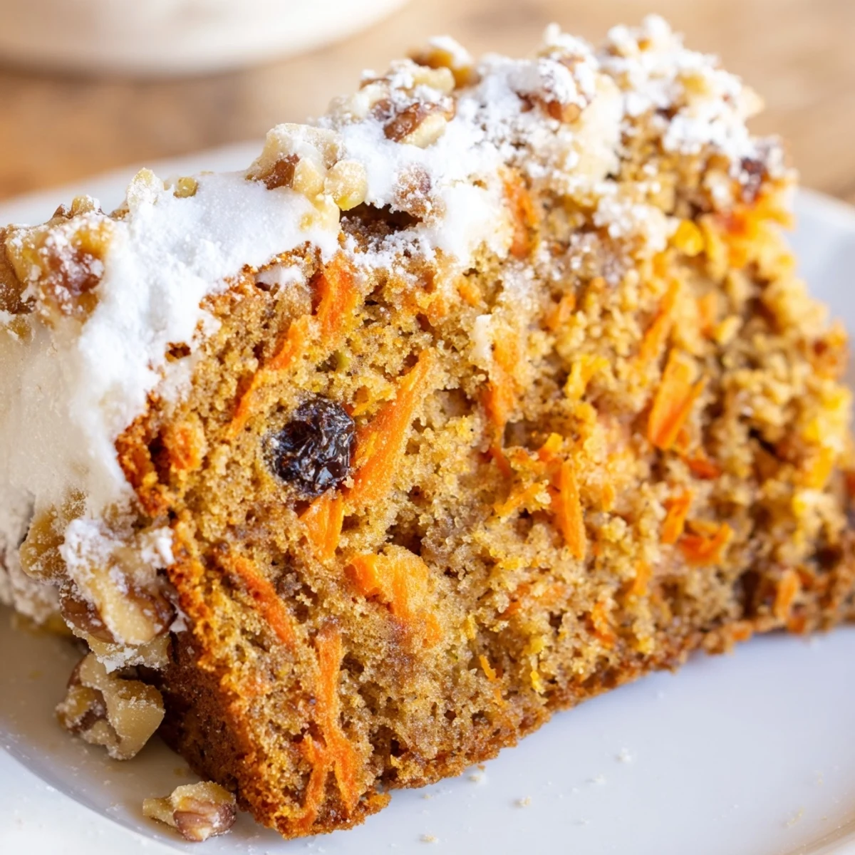 Moist Greek yogurt carrot cake one bowl sprinkled with chopped walnuts and dusted powdered sugar